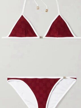 Gucci Burgundy GG Monogram Triangle Tie Bikini Set with Gold Hardware